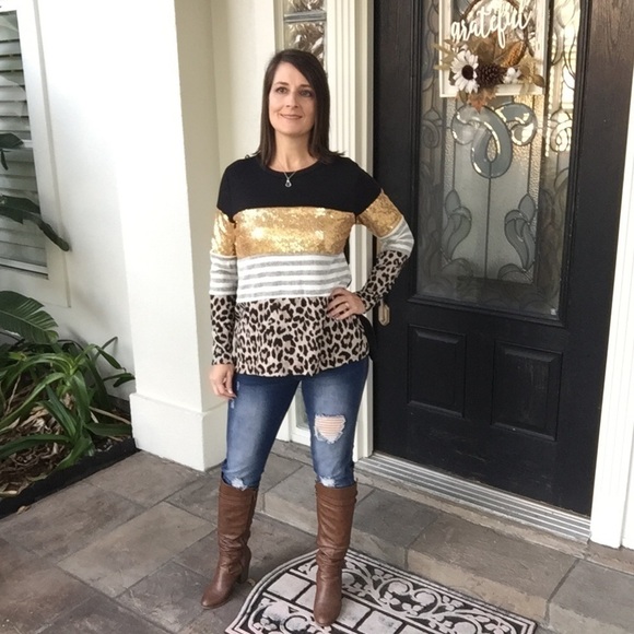 Glitter Leopard Striped Sweater Gold 0819 - Picture 6 of 12